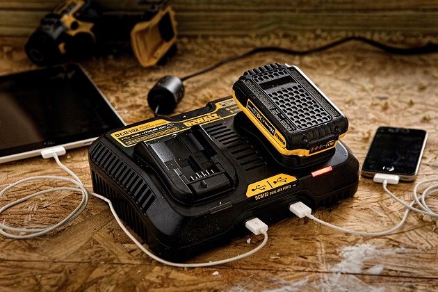 close-up of charging dewalt batteries