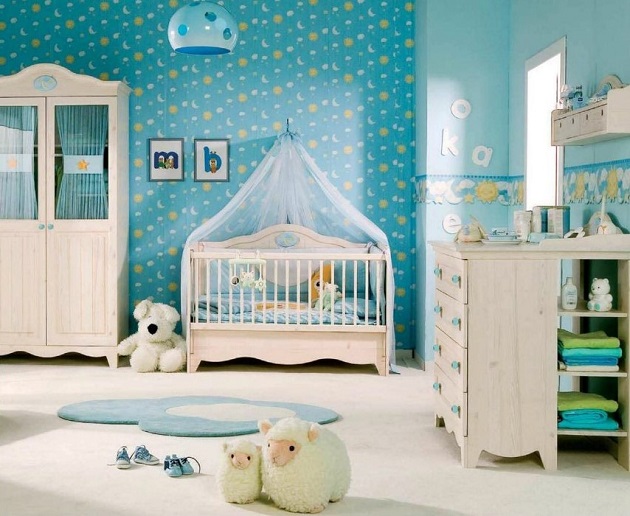 calming blue wallpaper in children's room
