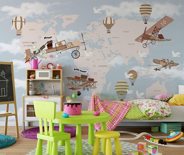 educational wallpaper with map of the world in children's room 