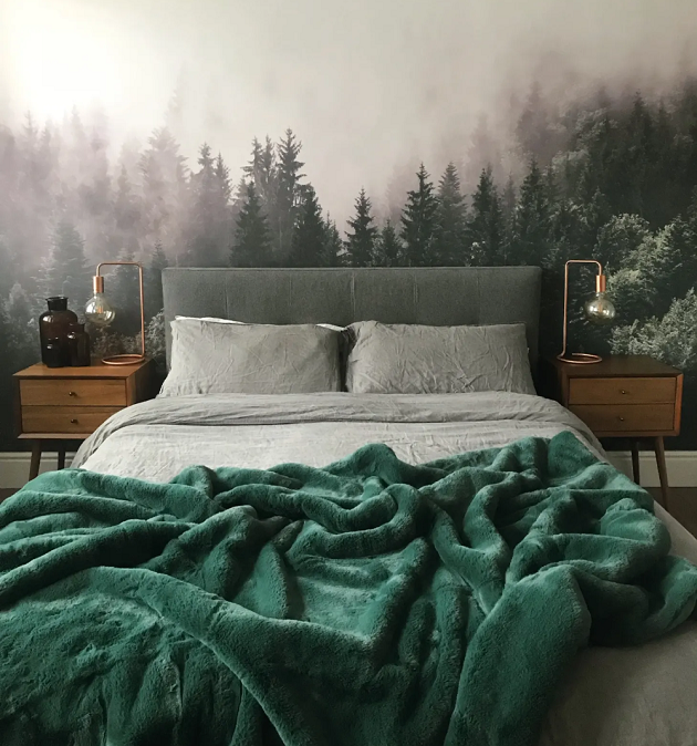 calming bedroom with a forest bedroom wallpaper 
