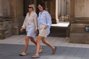 picture of two women walking on the street wearing brikenstock shoes
