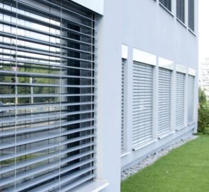 exterior blinds on a grey house