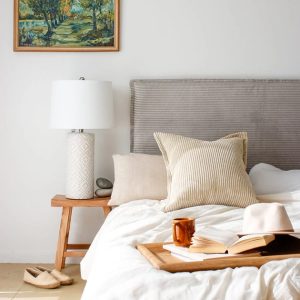 JUNO BEDHEAD WITH SLIPCOVER QUEEN SIZE MIST CORDUROY