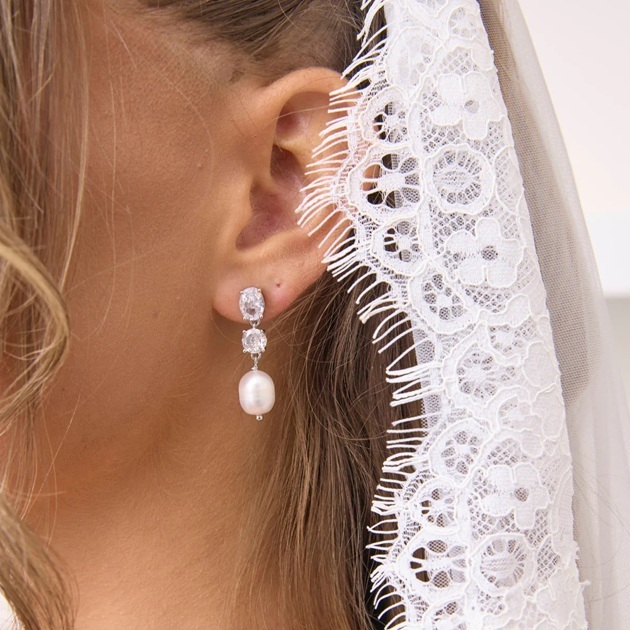 Poppy - Double Crystal and Pearl Drop Bridal Earrings Silver